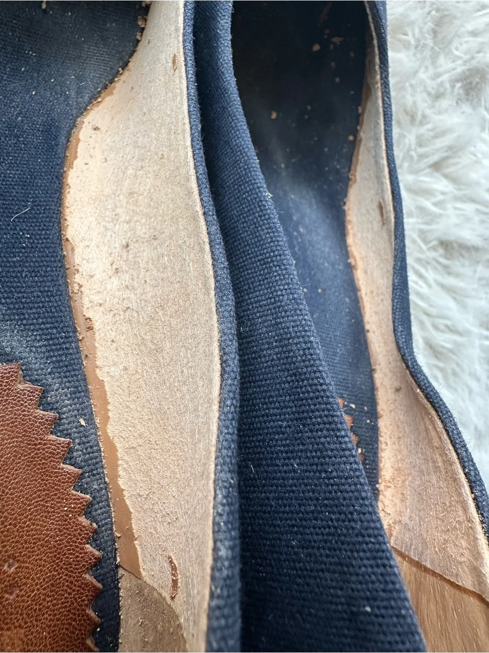 J. Crew Navy Canvas Espadrille Wedge Pumps 7 inside peeled